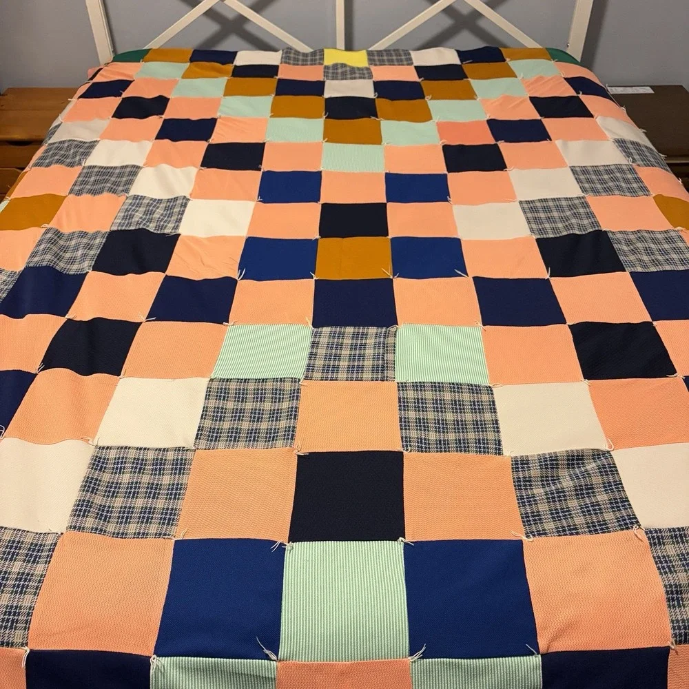 Vintage Patchwork Tie Quilt 72x96 Blue Cabin Cottage Core Granny Chic Handmade